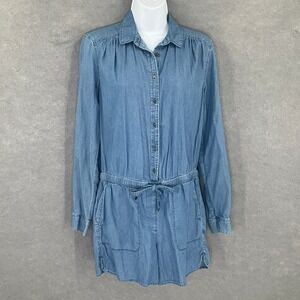 LOFT Womens Chambray Romper Small Denim Blue Long Sleeve Button‎ Down Drawstring